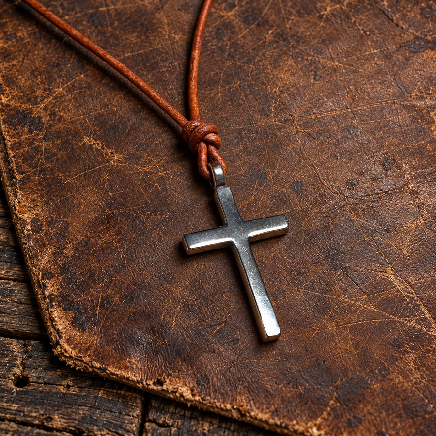 Classic cross on red brown leather cord against stone