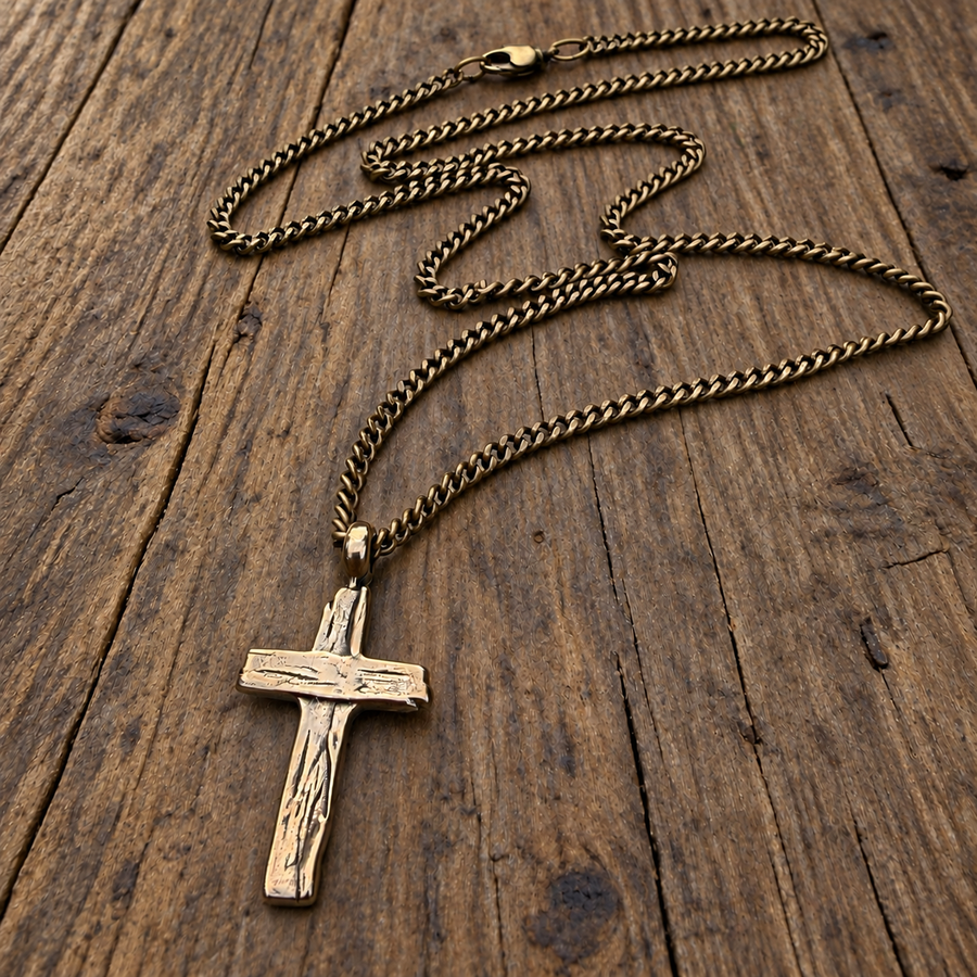Weathered Cross necklace on curb chain against wood