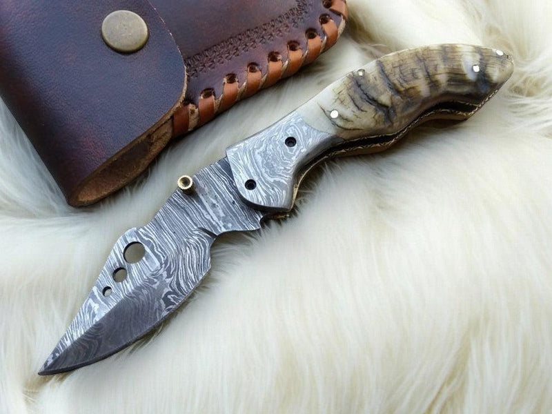 Handmade Damascus Pocket Knife with Sheep Horn Handle