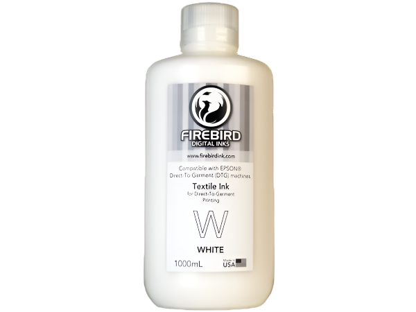 FIREBIRD white textile ink in a 1,000 mL bottle