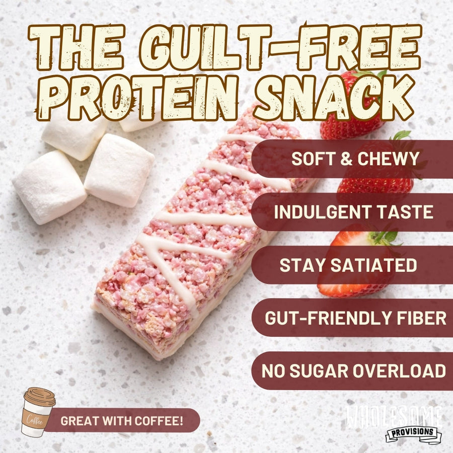 Strawberry Cream Protein Rice Crispy Treats - 15g Protein, Low Carb 4g Net, High Fiber, Soft & Chewy