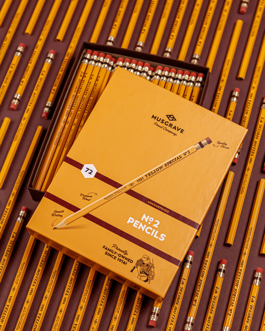 Open seventy-two-count Yellow Special pencil box with pencils