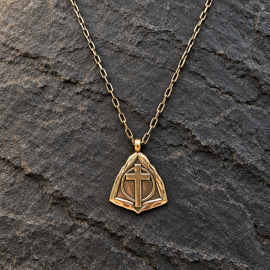 Close view of Resurrection Cross pendant on cable chain