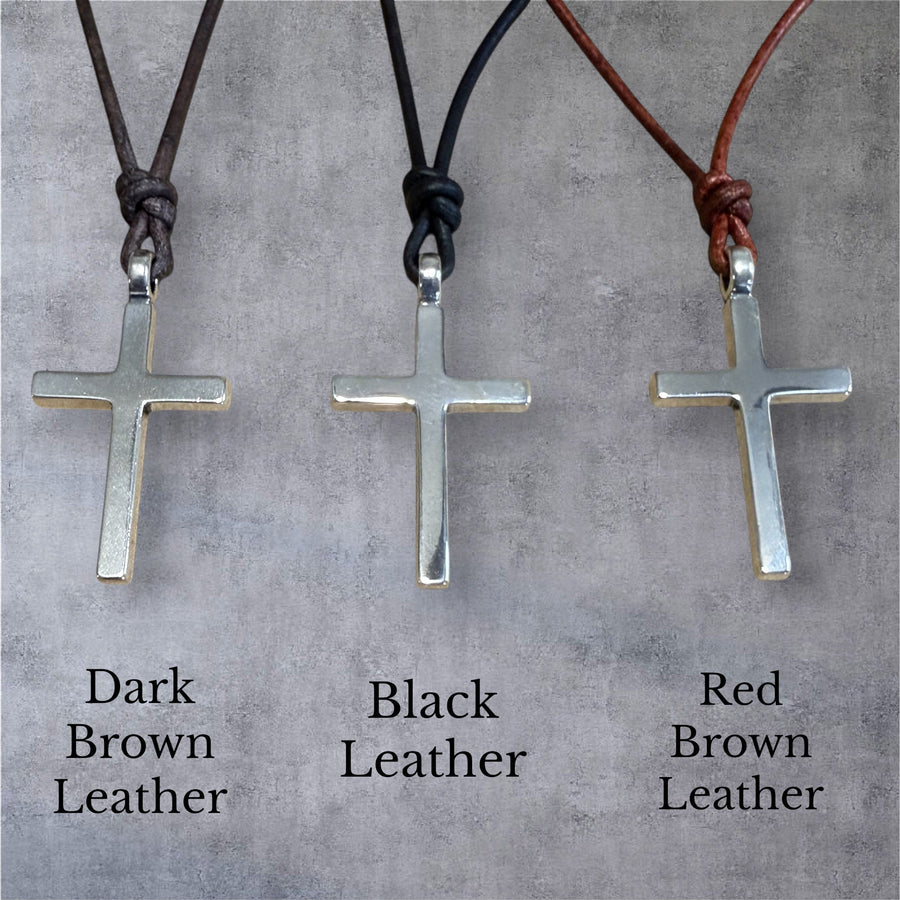 Classic Cross necklaces comparing dark brown, black and red brown cords