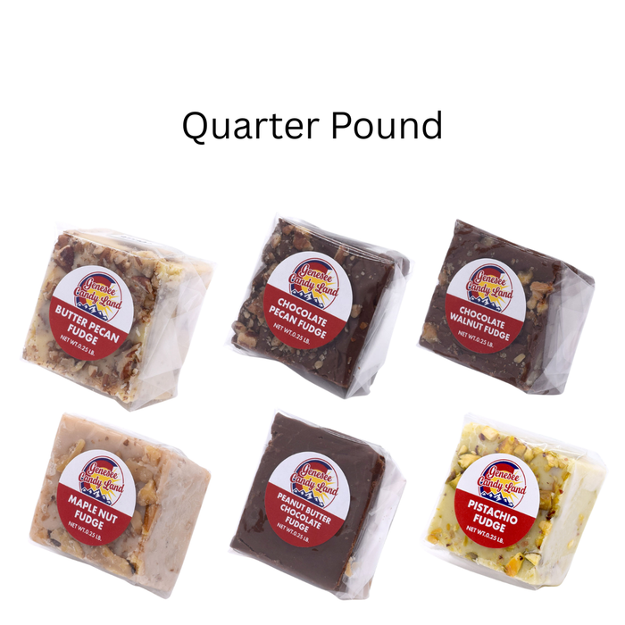 Nutty fudge assortment showing six wrapped quarter-pound slices