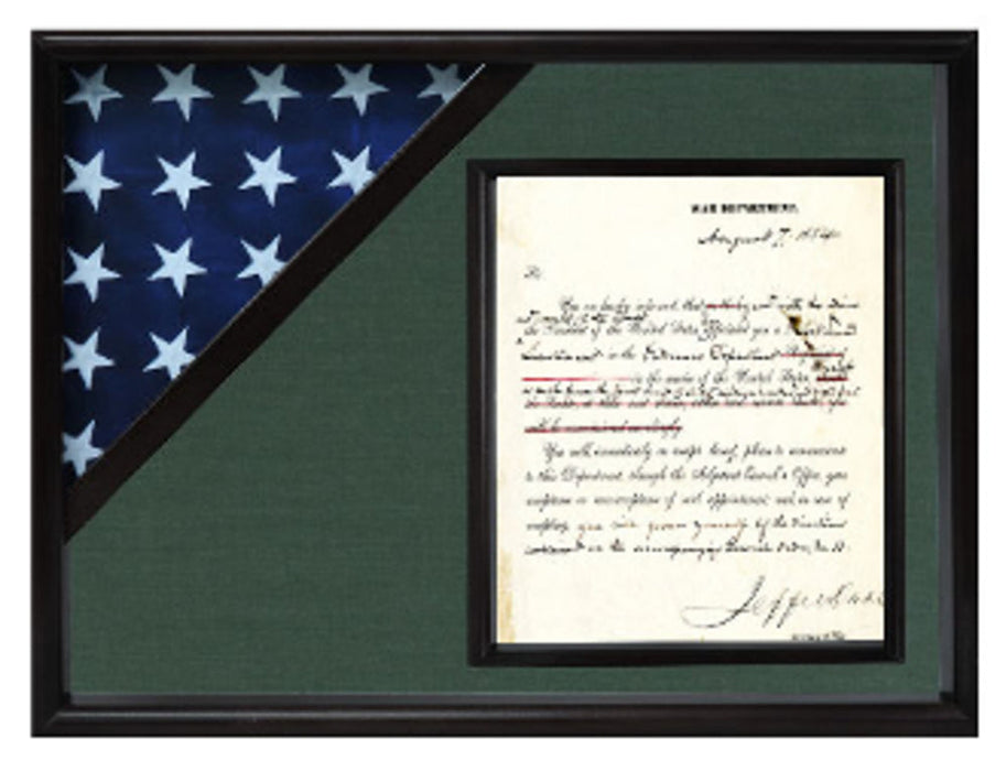 Oak Shadow box to hold a 3’X5’ flag with 8.5'x11' certificate., , The Military Gift Store, Flag Case with Display Shadow Box