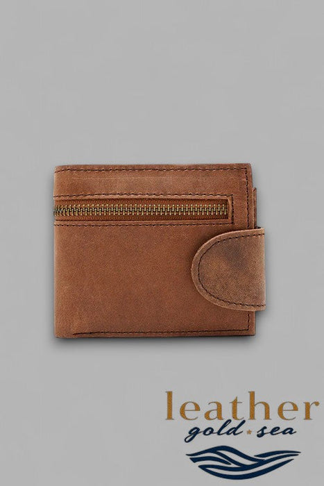 Wallet for Men with Zipper - Light Brown Leather