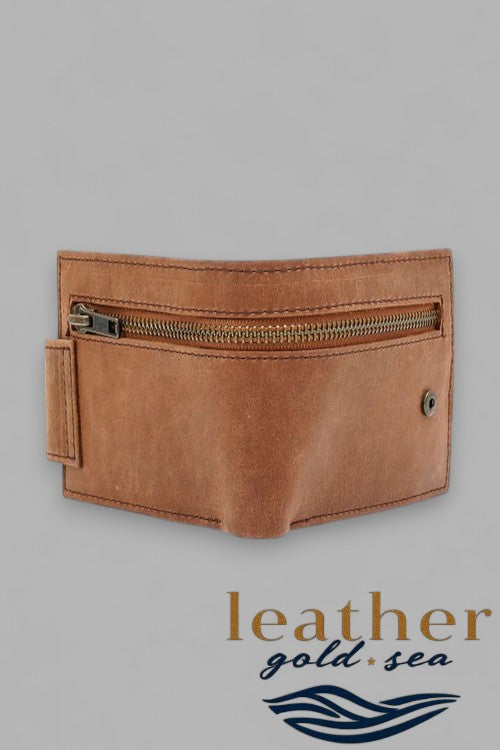 Wallet for Men with Zipper - Light Brown Leather