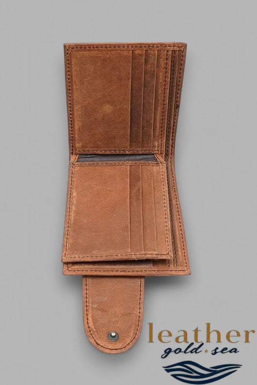 Wallet for Men with Zipper - Light Brown Leather