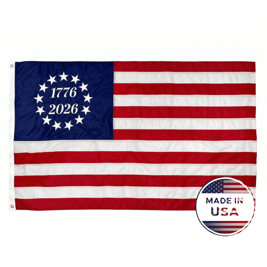 Betsy Ross-style flag with 1776 and 2026 inside the star circle
