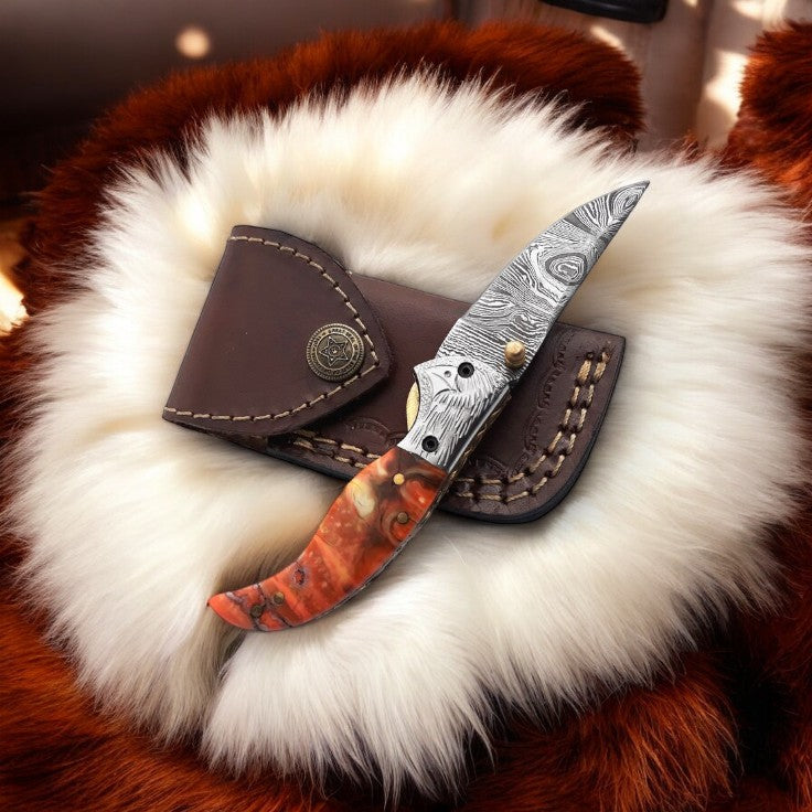 Handmade Damascus Pocket Knife – Epoxy Resin Handle