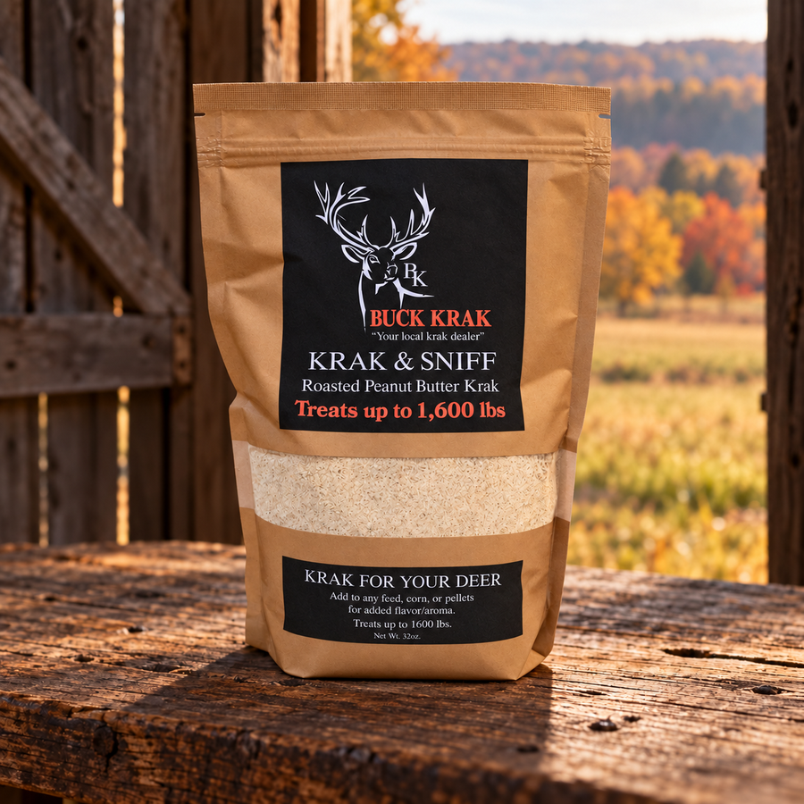 Roasted Peanut Butter Krak & Sniff 32 oz tan pouch beside a barn