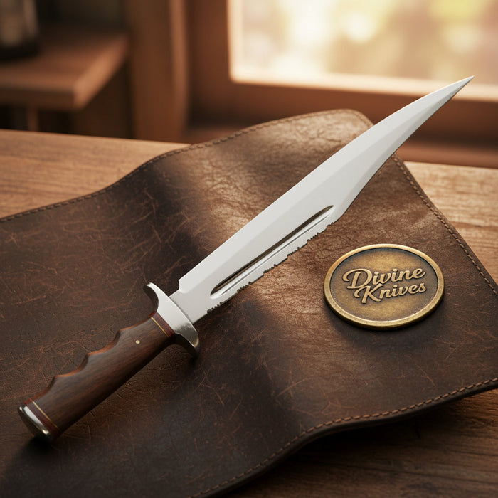 Rosewood Handle Fullered Alamo Bowie with Red Spacers