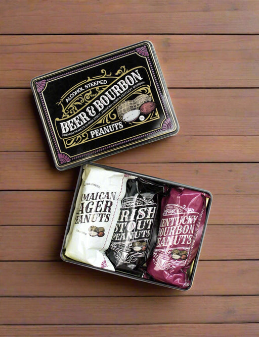 Beer and Bourbon Liquor Peanuts Men's Gift Tin with Jamaican Lager, Irish Stout, and Kentucky Bourbon flavored peanuts.