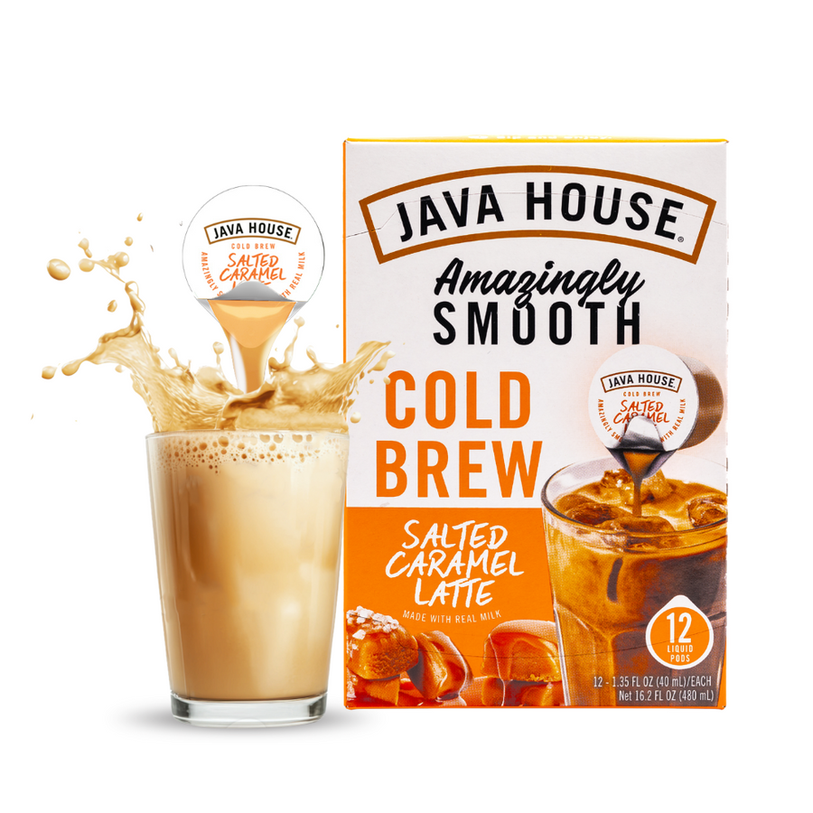 Salted Caramel latte carton and pod beside an iced latte