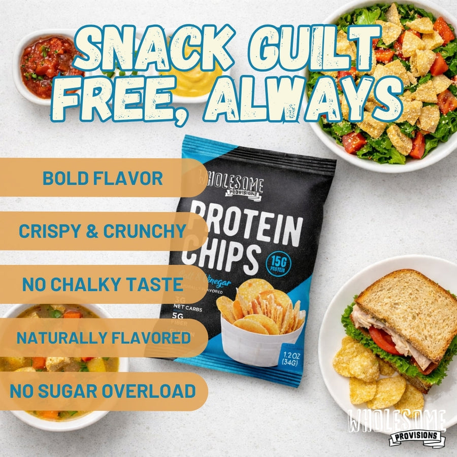 Sea Salt & Vinegar Protein Chips: chips with meal serving ideas.