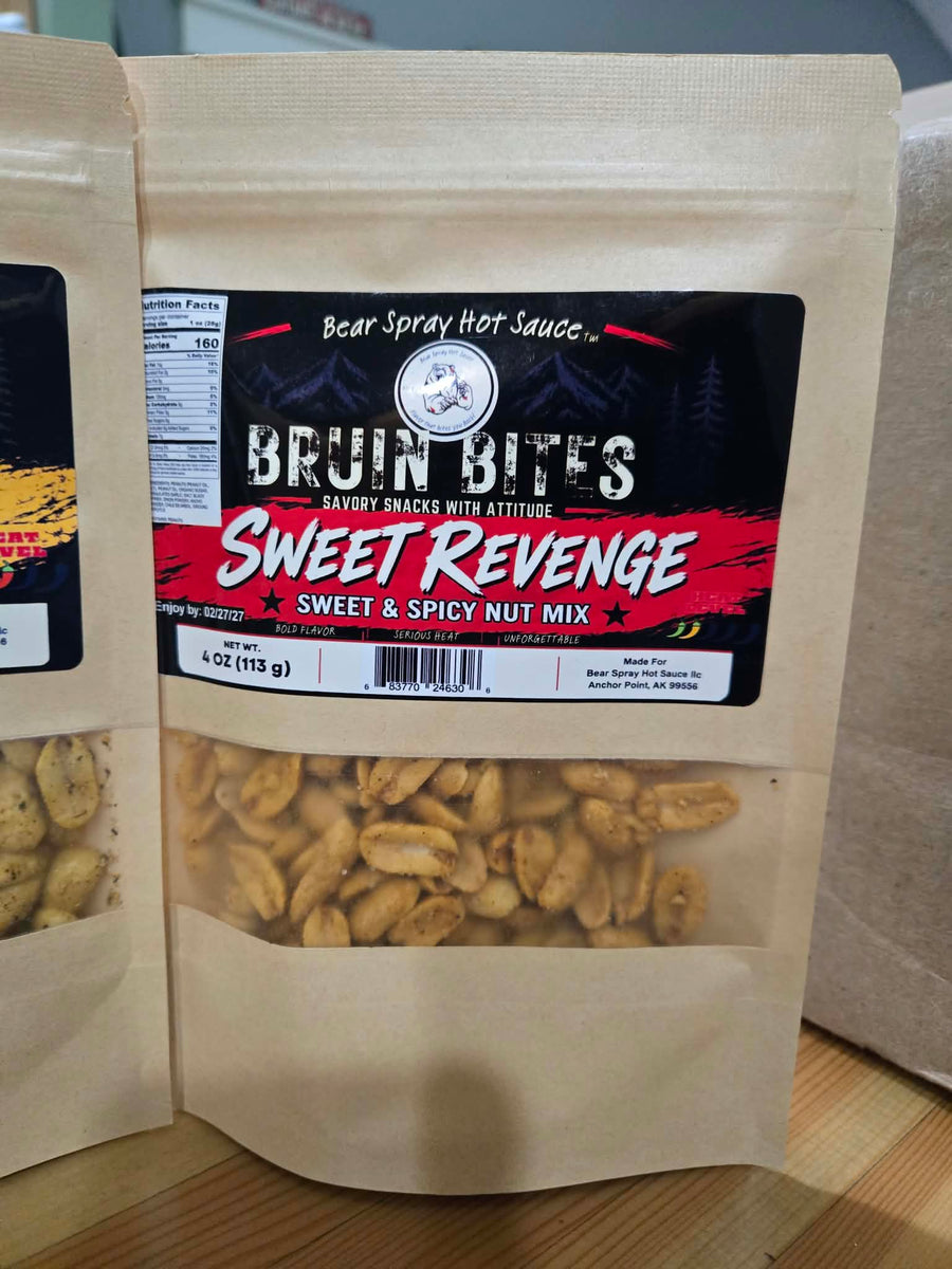 Sweet Revenge sweet and spicy nut snack in a kraft pouch with a red Bruin Bites label