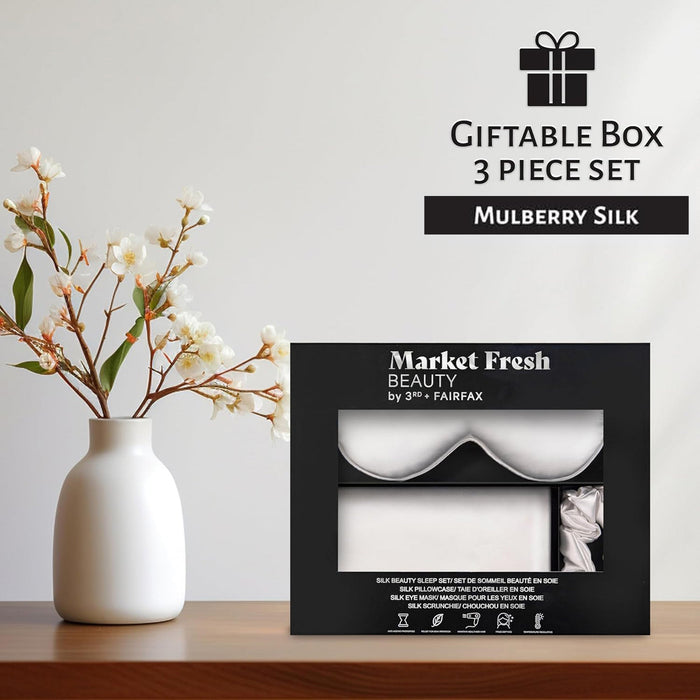 Market Fresh Beauty Mulberry Silk Sleep Set, Pillowcase, Eye Mask and Hair Scrunchie, Silk, White