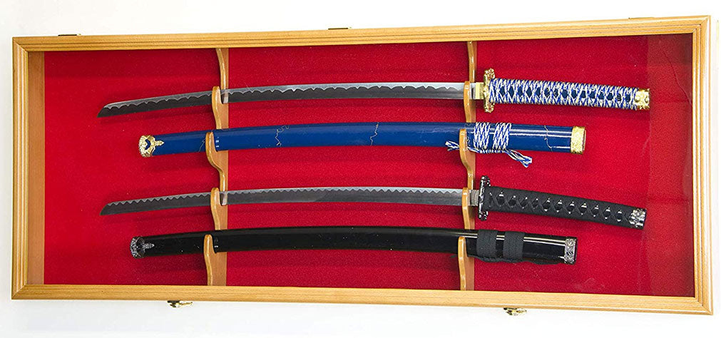 2 Sword Display Case Cabinet Stand Holder Wall Rack Box - Oak Lockable w/ 98% UV Protection