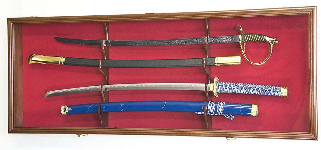 2 Sword Display Case Cabinet Stand Holder Wall Rack Box - Walnut Lockable w/ 98% UV Protection