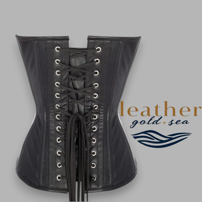 Black Leather Overbust Corset with silver studs – Handcrafted & Steel Boned