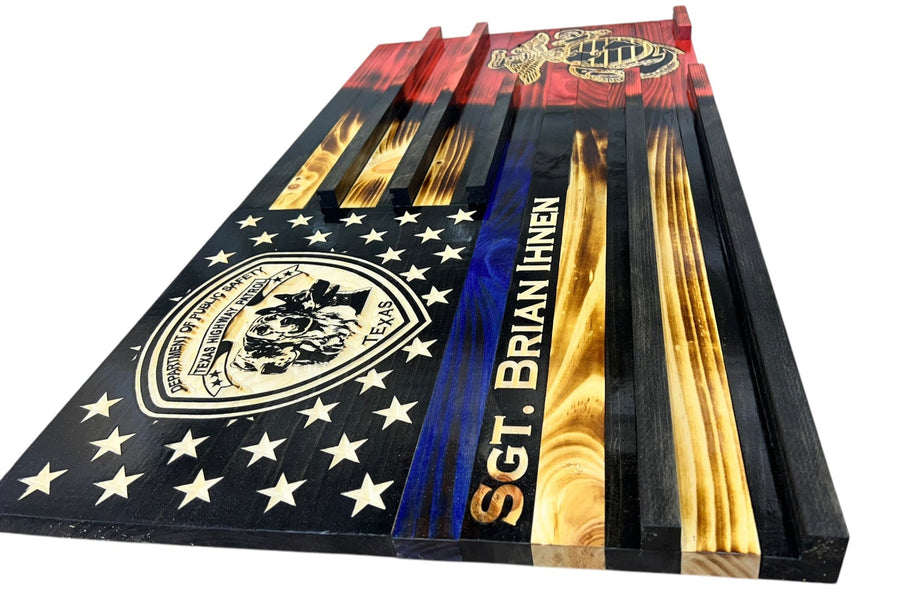 Custom Wooden Challenge Coin Display Flag with Engraved Badge