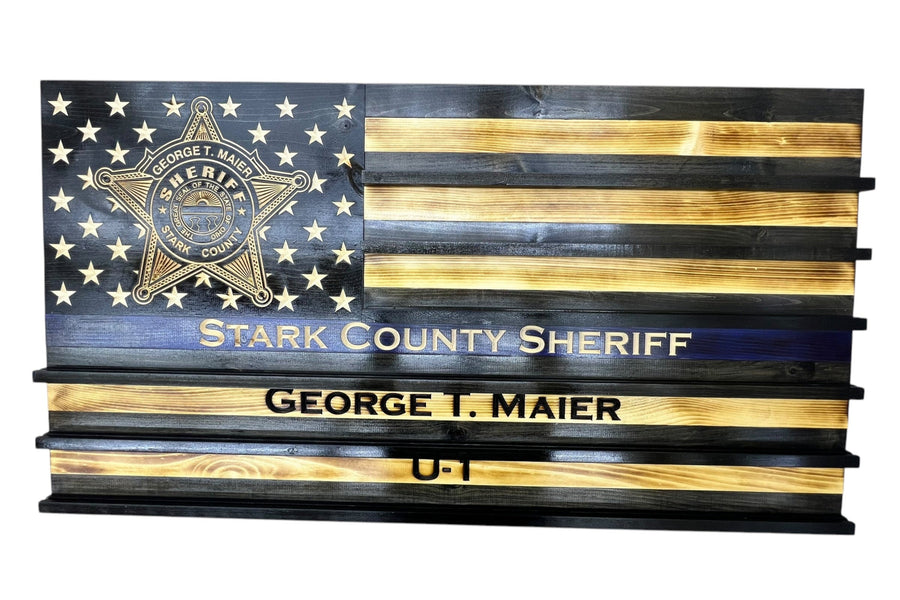 Custom Wooden Challenge Coin Display Flag with Engraved Badge