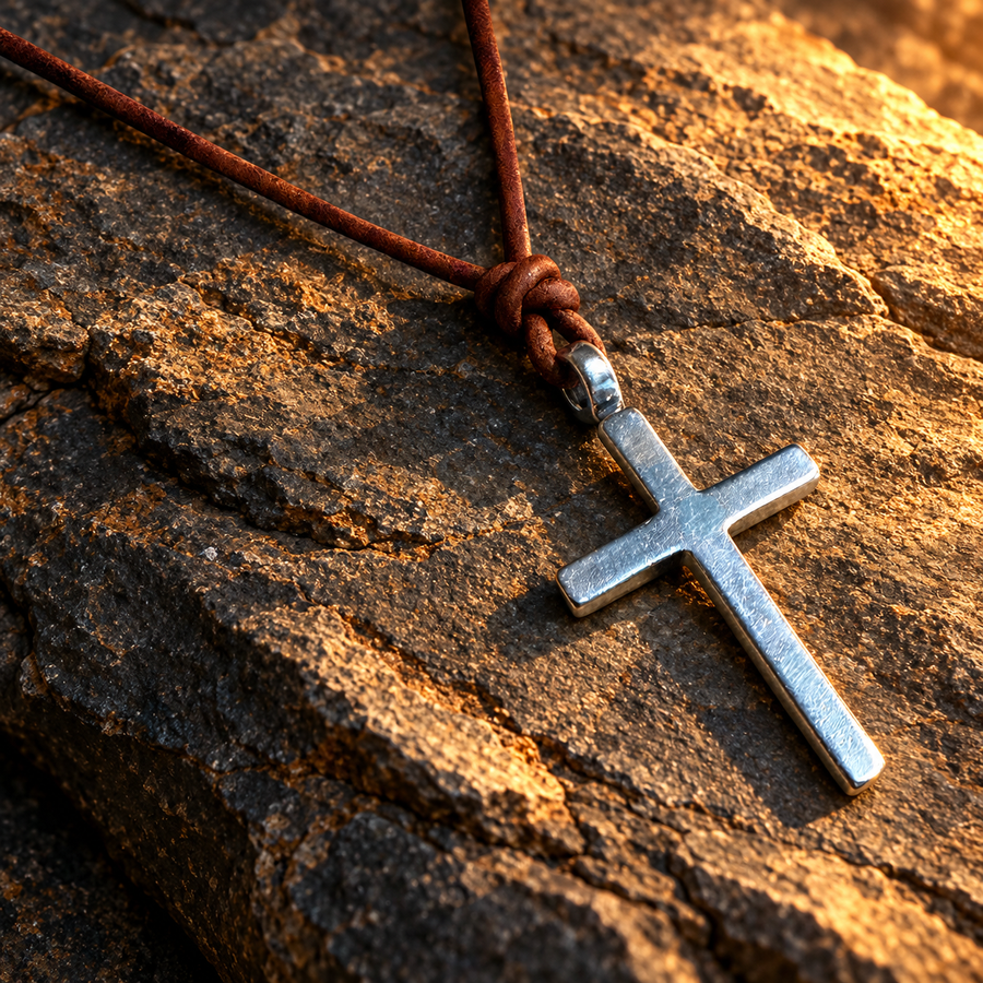 Classic cross on brown leather cord resting on rock
