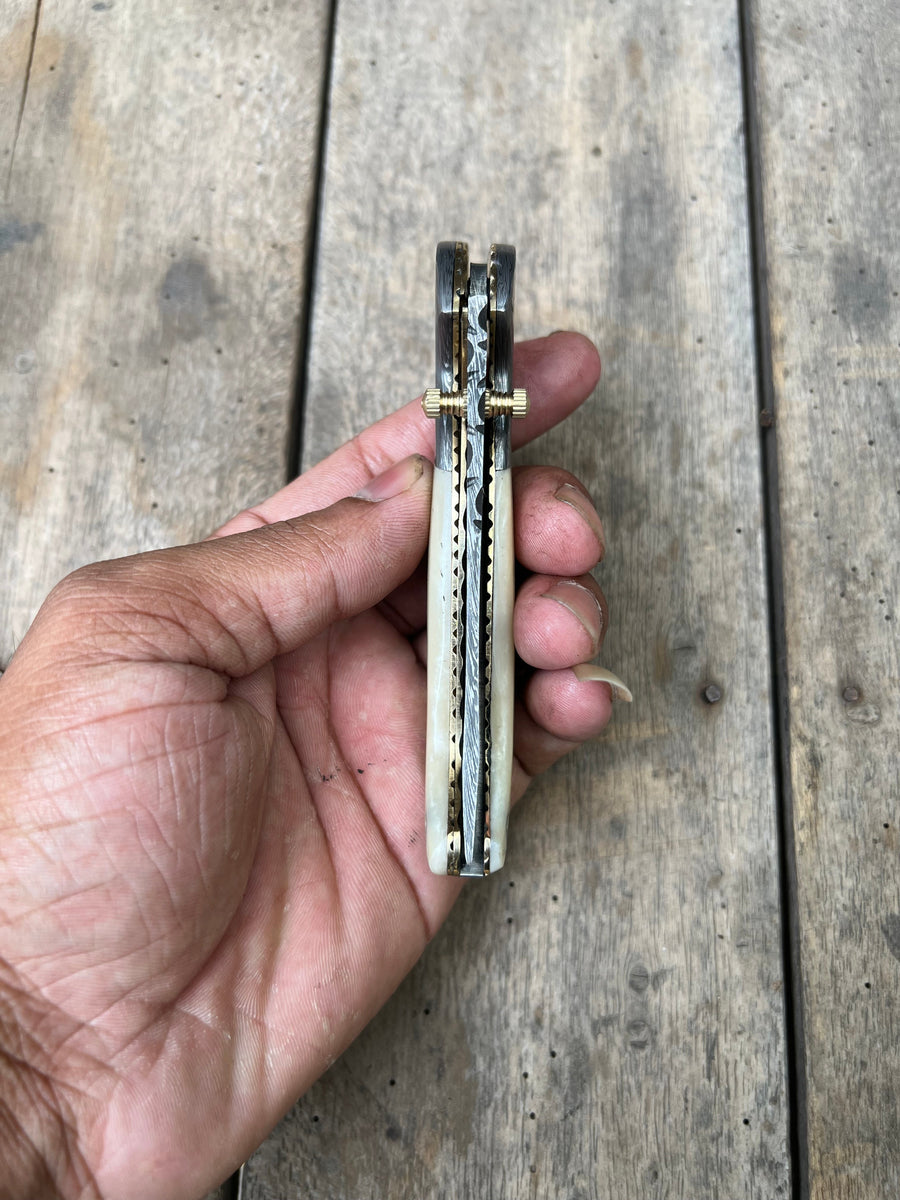 Handmade Damascus Folding Knife with Bone Handle – Compact EDC Pocket Knife with Leather Sheath