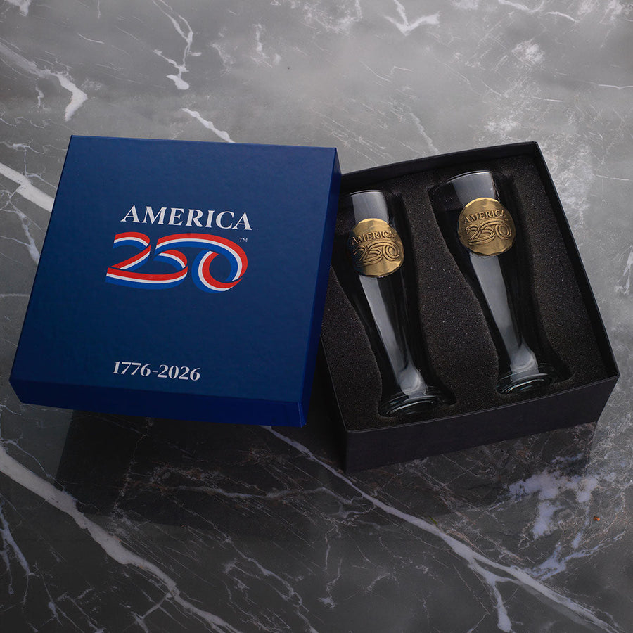 Gift packaging display for America250 2-Piece Pilsner Gift Set