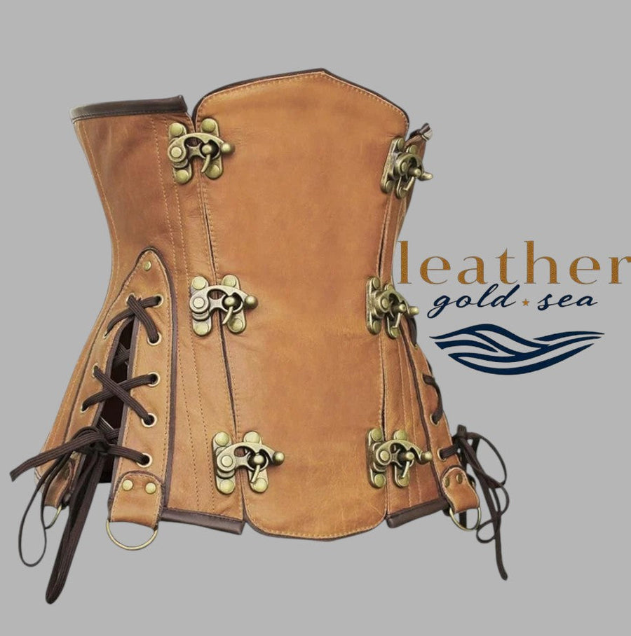 Brown Leather Corset – Real Leather, Sizes 20–50