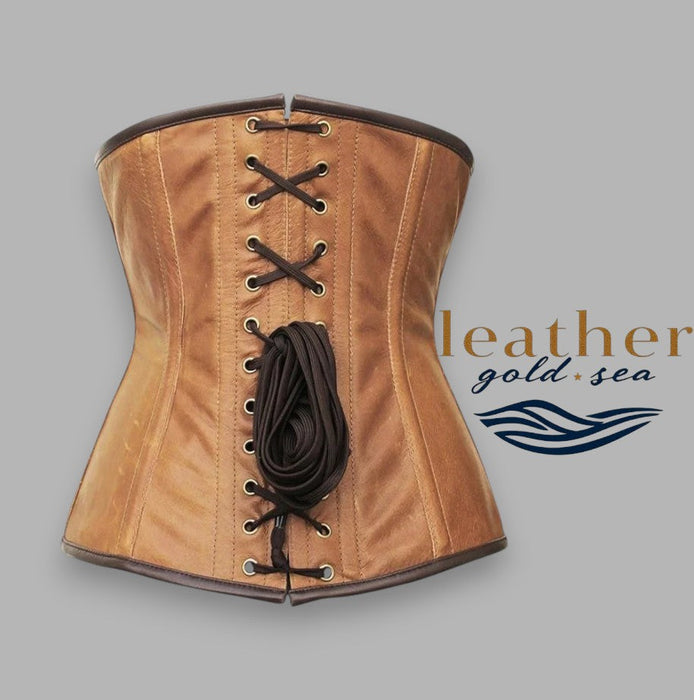 Brown Leather Corset – Real Leather, Sizes 20–50