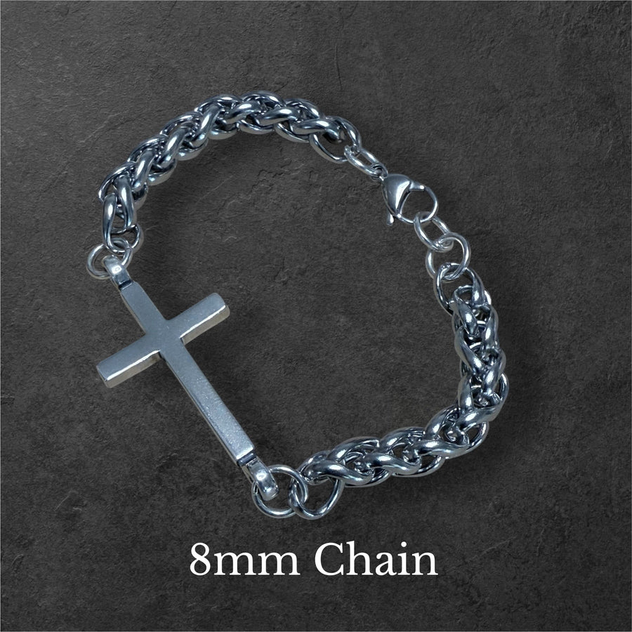 Classic Cross bracelet showing the 8 mm chain option