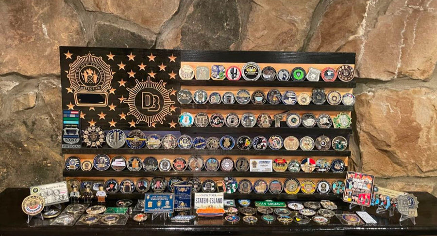 Custom Wooden Challenge Coin Display Flag with Engraved Badge