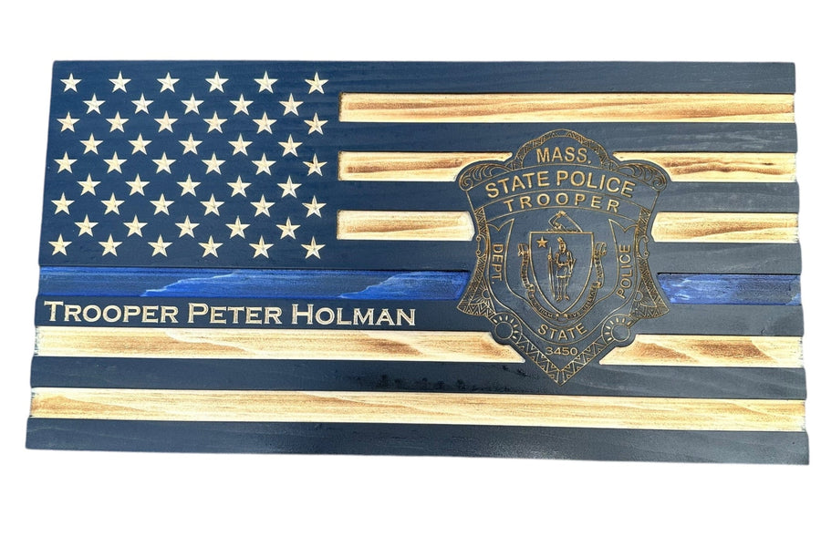Custom Thin Blue Line Wooden Flag with Engraved Police Badge
