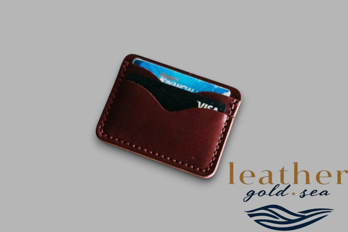 Brown leather card holder with example cards