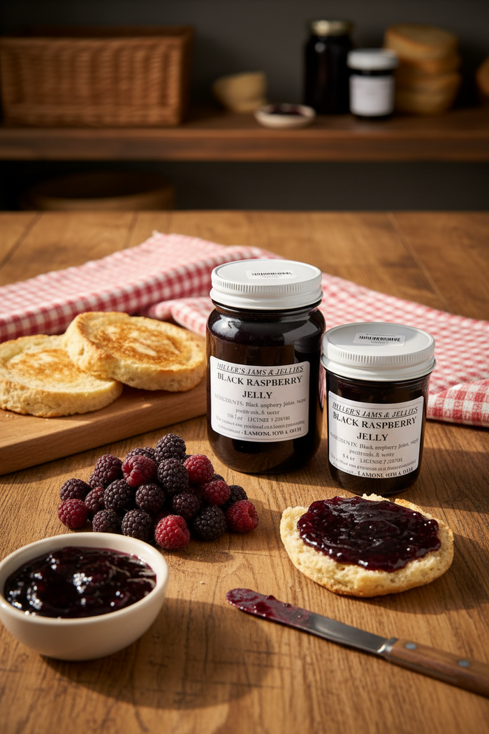 Miller’s Black Raspberry Jelly jars with berries and biscuits in a styled scene; sizes sold separately.