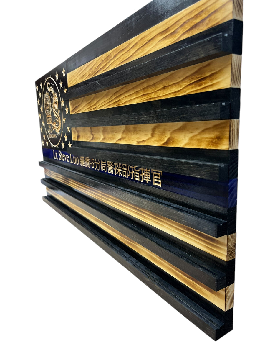 Custom Wooden Challenge Coin Display Flag with Engraved Badge