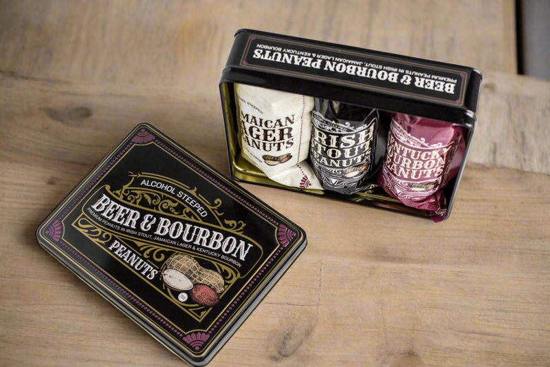 Beer and Bourbon Liquor Peanuts Men's Gift Tin with Jamaican Lager Irish Stout Kentucky Bourbon flavors on a wooden table