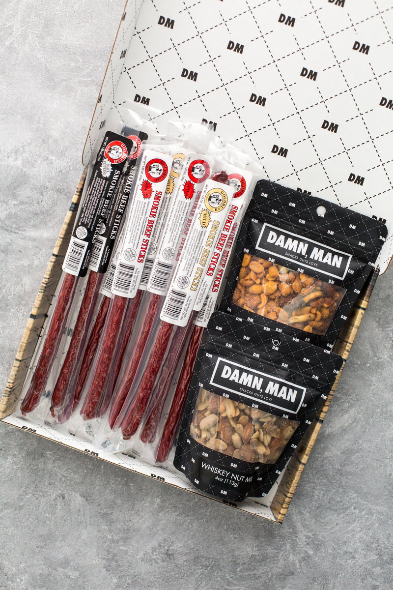 Damn Man Nuts & Beef Box with premium beef sticks and hand-crafted protein snacks
