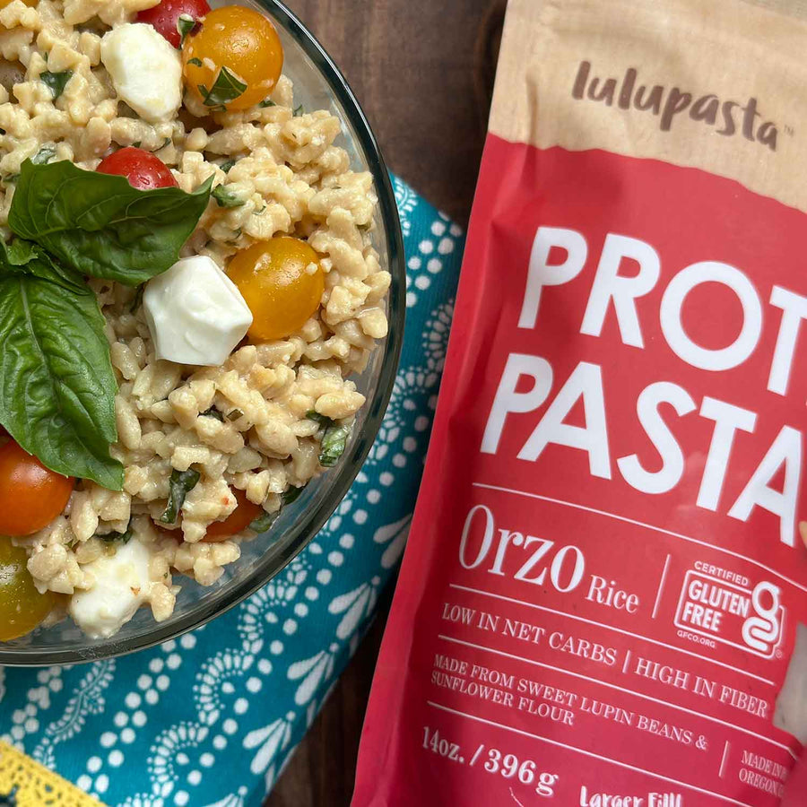 Lupin & Sunflower Protein Orzo Pasta: orzo salad with pouch.