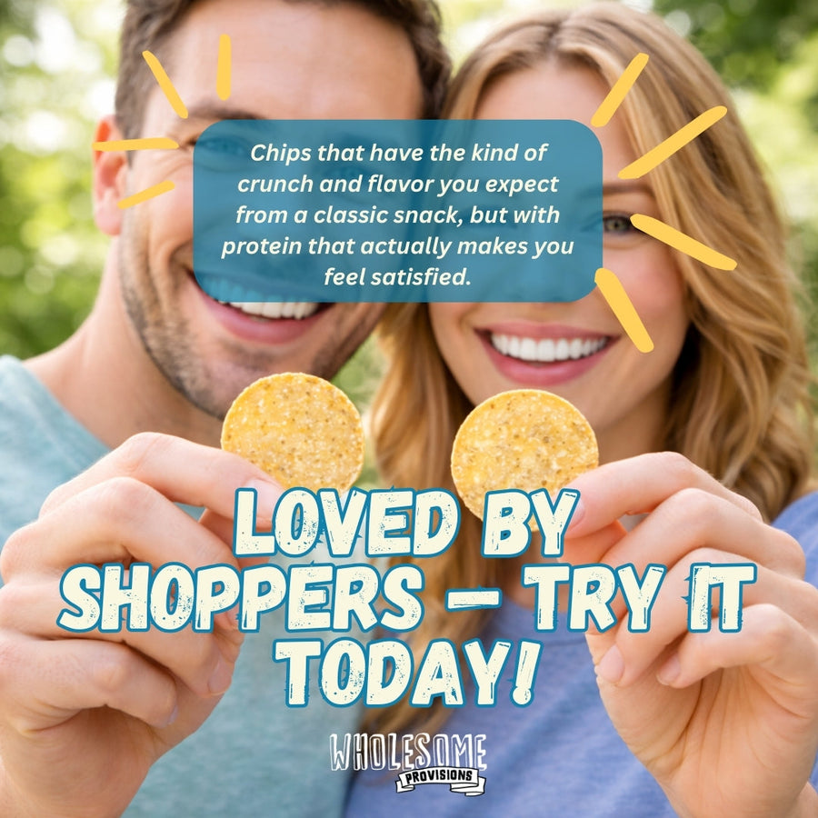 Sea Salt & Vinegar Protein Chips: person holding chips with testimonial text.