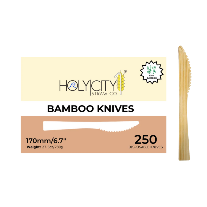 Box of Holy City Straw Company Bamboo knives 250 disposable knives digital