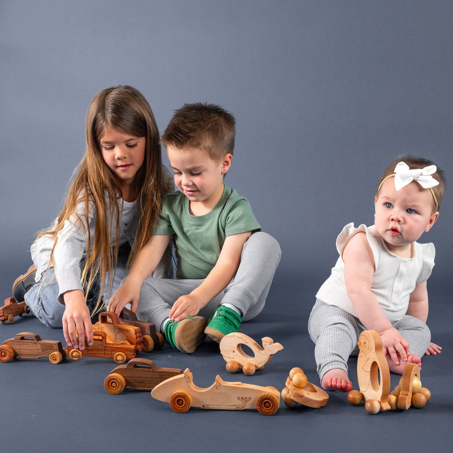 Children playing with an assortment of wooden cars, trucks and airplanes