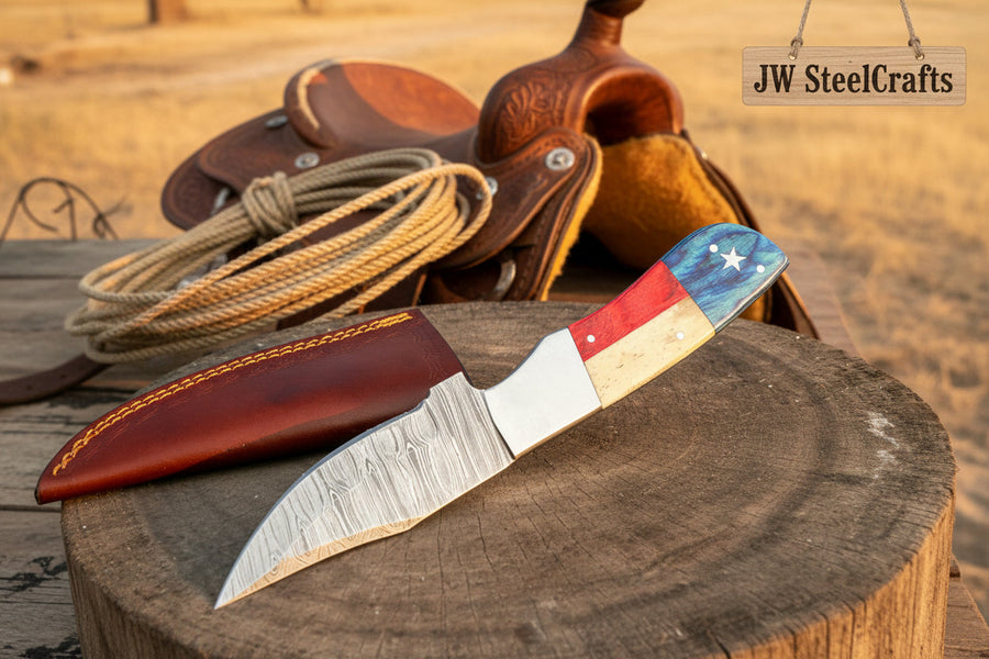 Damascus Camping Knife Fixed Blade USA Flag Resin Handle Outdoor Utility Knife with Sheath