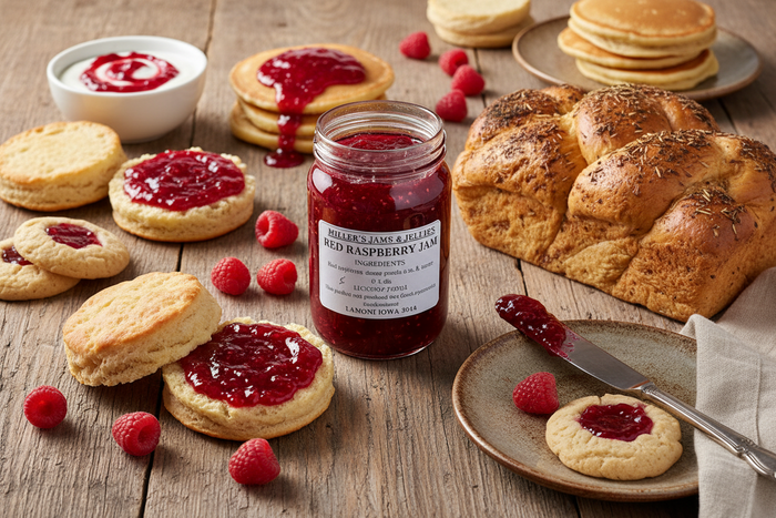 Miller’s Red Raspberry Jam jar with raspberries, biscuits, and pancakes in a styled serving scene.