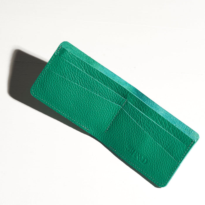 green turquoise wallet with card slots made by hand in portland maine