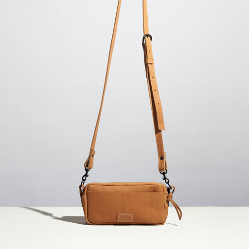 tan crossbody leather bag made by hand in portland maine with real leather