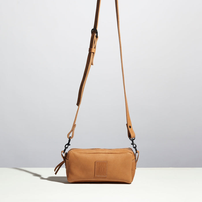tan crossbody leather bag made by hand in portland maine with real leather