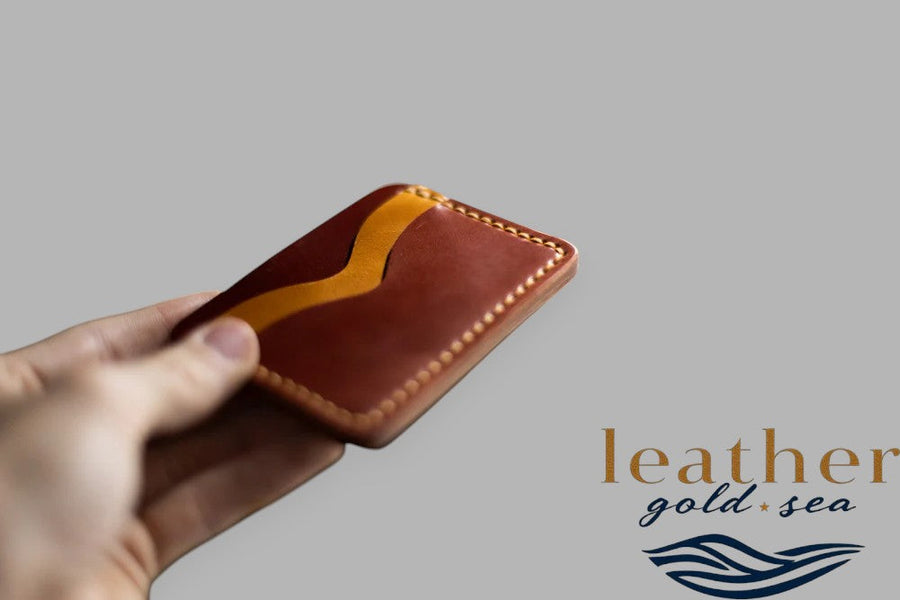 Angled view of two-tone brown card holder